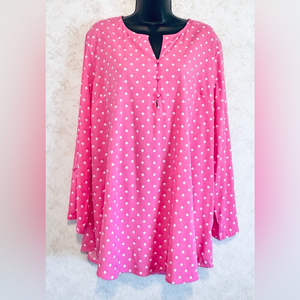 Kim Rogers Pink & White Polka Dot Henley Pull Over Top Size XL Roll Tab Sleeve